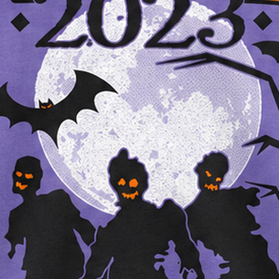 Close-up of the halftone moon printed on the orchid Scarefest shirt